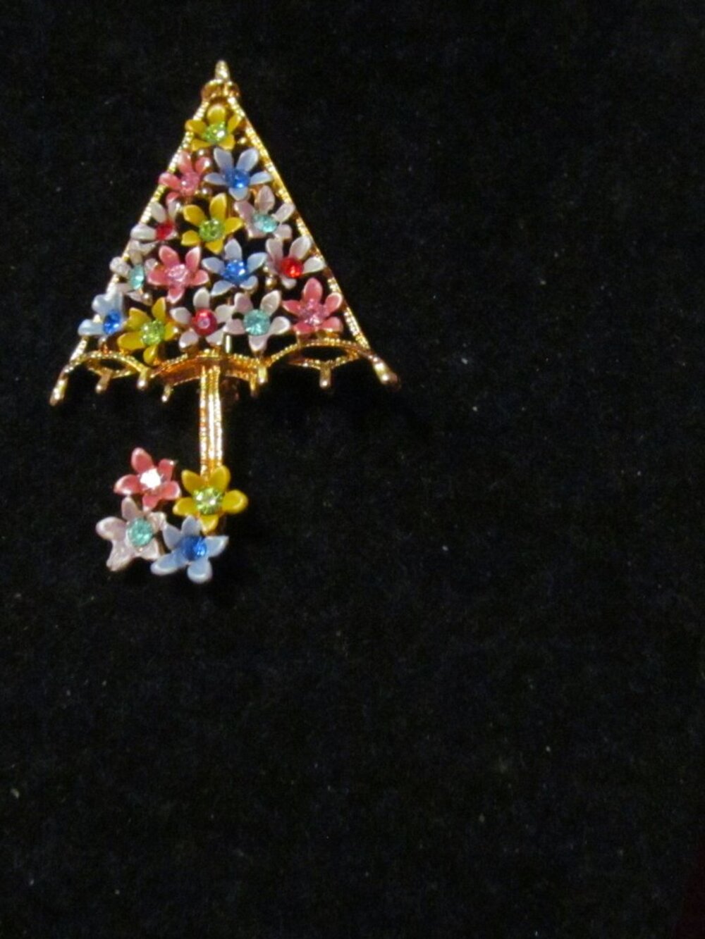 Vintage flower rhinestone umbrella pin brooch